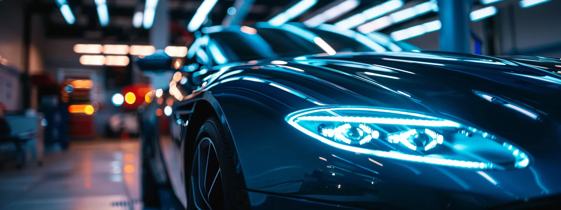 a sleek luxury vehicle gleaming under the shining lights in a high-end car detailing shop at traditions club, bryan tx.